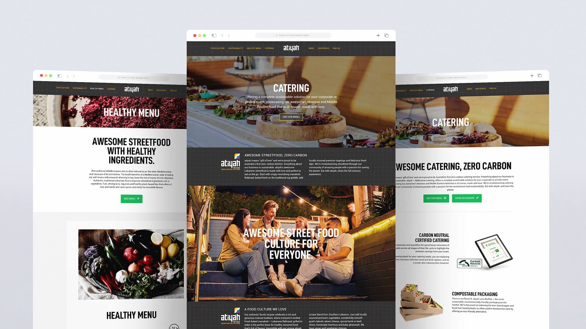 Multiple pages of Atiyah's website showcasing their catering services, healthy menu, and sustainable practices on desktop screens.